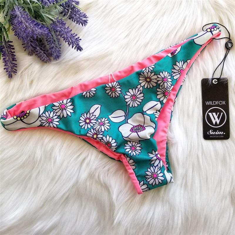 NWT WILDFOX M Green Sixties Floral Reversible Bikini Bottoms Swim #86710