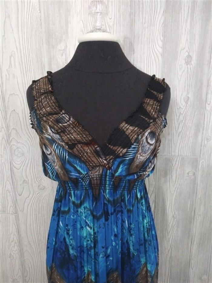 NWT V-Neck Sleeveless Blue & Peacock Print Stretch Maxi Dress Sundress L #16