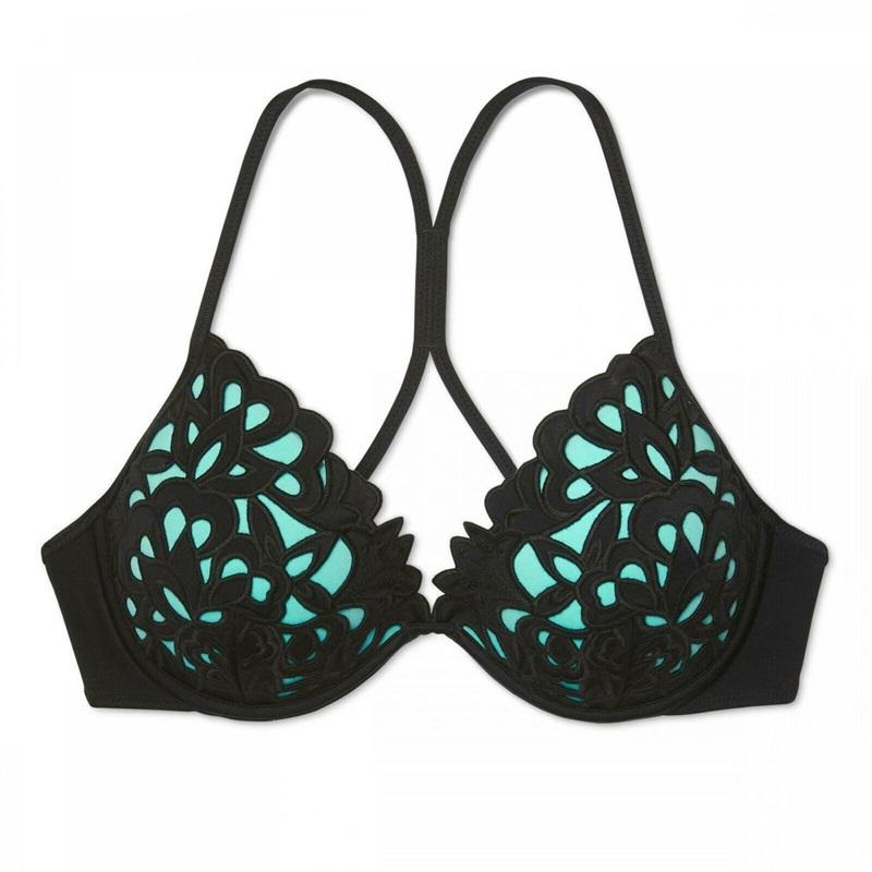 NWOT Shade & Shore 38B Dahlia Lace Halter Black & Aqua Cut-Out Bikini Top 87844