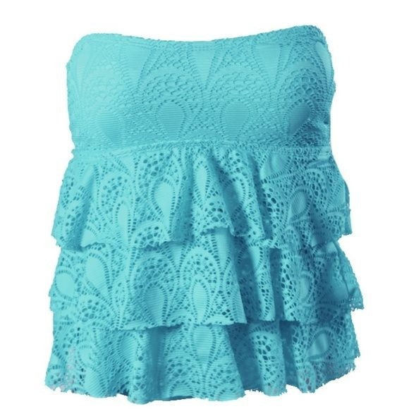 NWT Island Escape 12 Blue Tiered Fanned Crochet Halter Tankini Top #87187