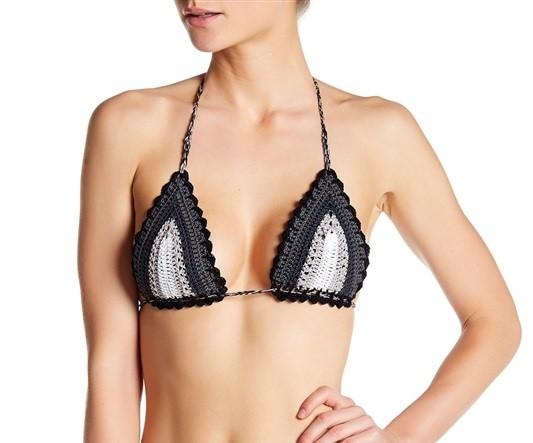NWT PilyQ D Crochet Stardust String Bikini Top Grey Black & White #86449