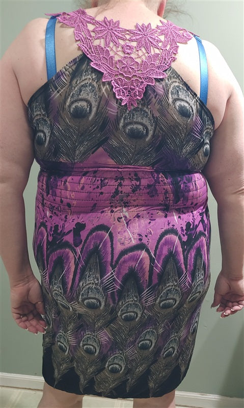 NWT Purple Gray Peacock Print w/ Lace Stretch Midi Dress Sundress LG 08
