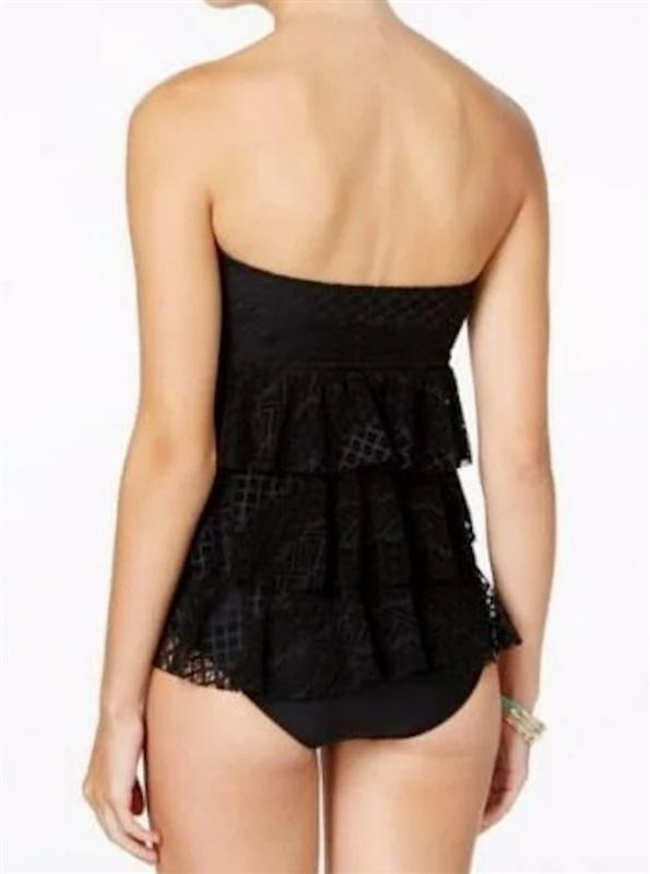 NWT Island Escape 6 Sky Above Bandeau Tiered Crochet Tankini Top Black #86815