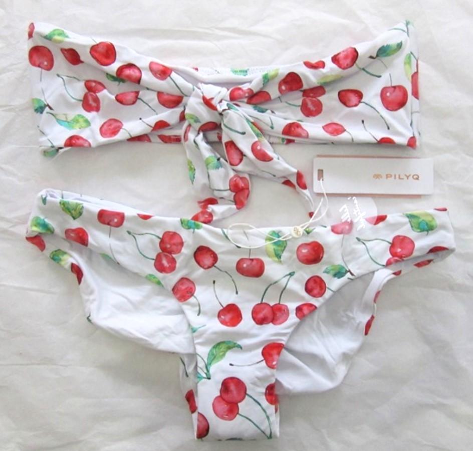 NWT Pilyq Wild Cherry S Front Tie Strapless Bikini Swim Top & Bottom #98735