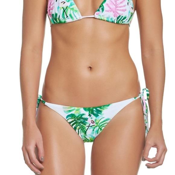 NWT Pilyq Tropical Flamingo M Beaded Side Tie Cheeky Bikini Swim Bottom #99243