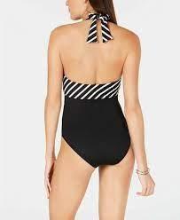NWOT Ralph Lauren 14 Halter 1PC Swimsuit Heringbone Stripe Black White 99247