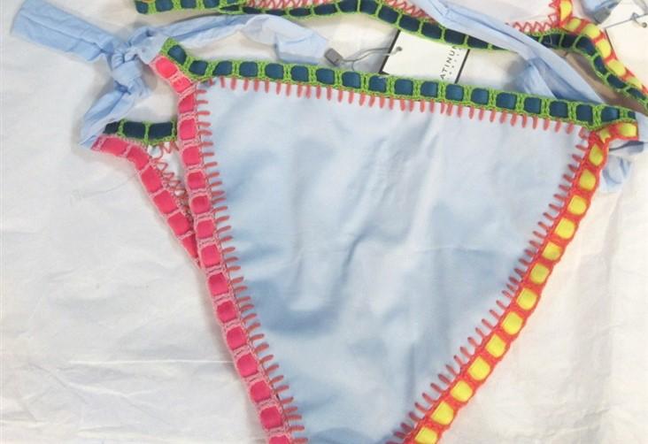 NWT Pilyq Platinum L Crochet Rainbow Trim Side-Tie Blue Bikini Bottom Swim 99314