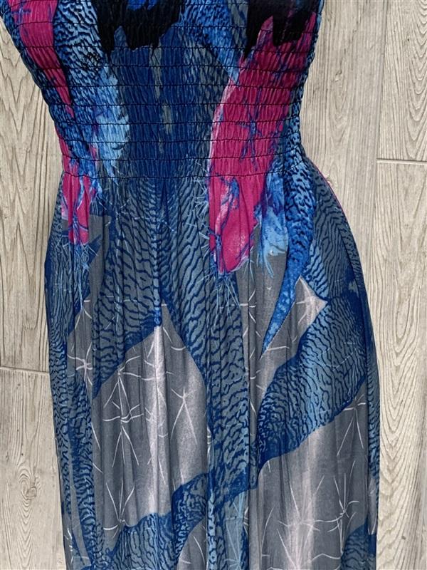 NWT Gathered Bust Stretch Sundress Maxi Dress Blue Pink Water Lilies L 02