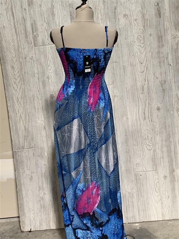 NWT Gathered Bust Stretch Sundress Maxi Dress Blue Pink Water Lilies L 02