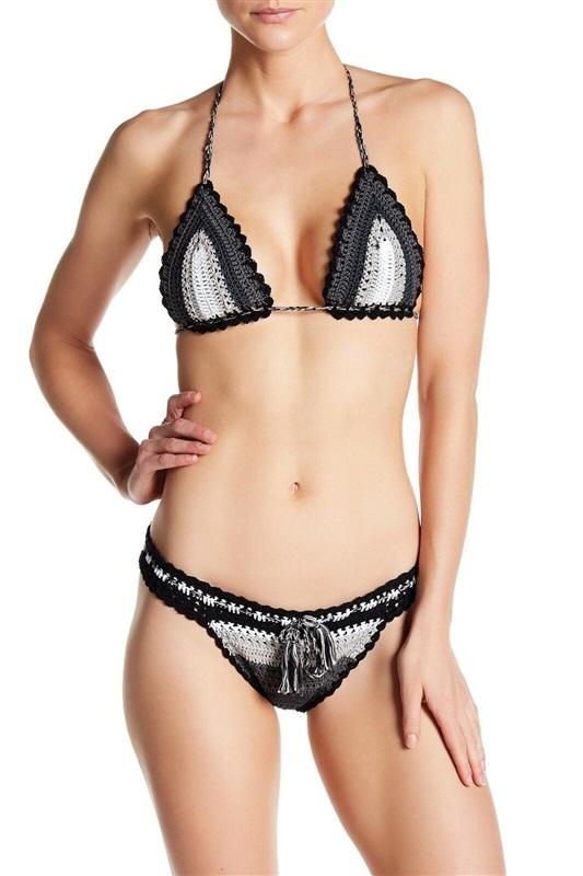 NWT PilyQ L Stardust Crochet Black White Bikini Bottoms STA-283T #86208