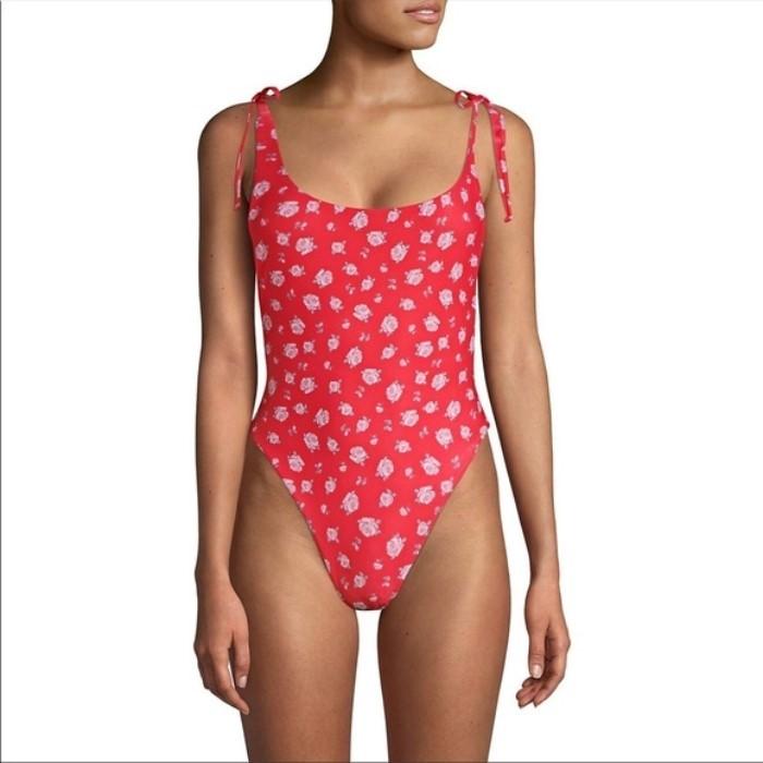 NWOT Wildfox S Andi Shoulder Ties 1PC Swimsuit Floral Ditsy Rose Red 86306