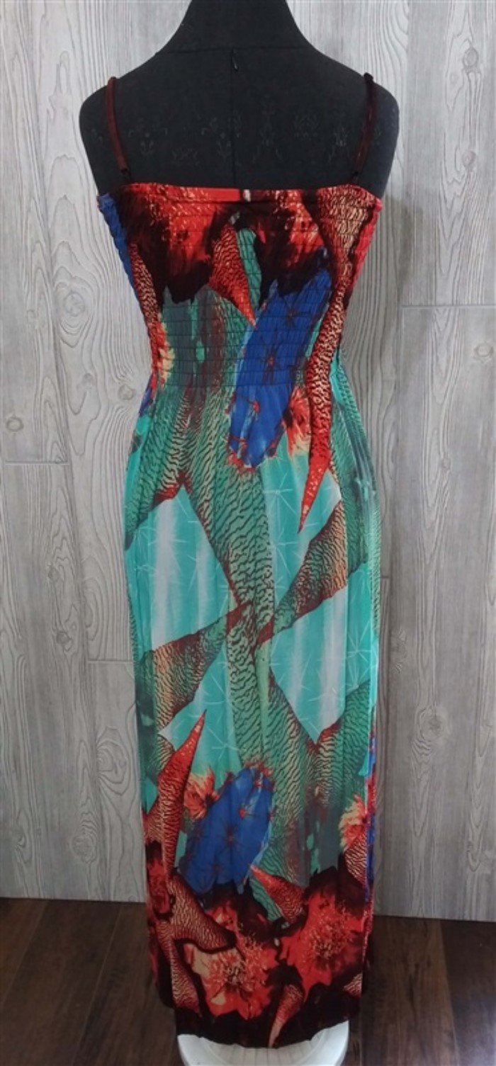 NWT Gathered Bust Stretch Sundress Maxi Dress Aqua & Orange Water Lilies XXL #23
