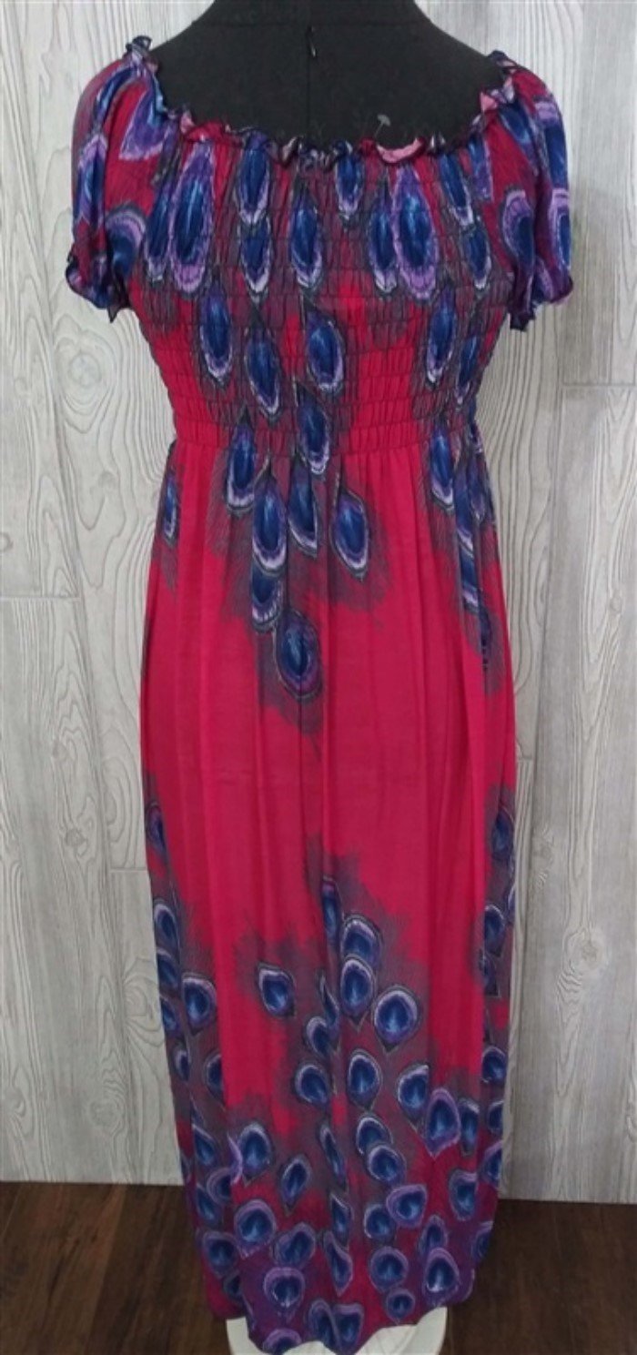NWT Hot Pink Peacock Feather Gathered Bust Maxi Dress Stretch Sundress XL #12
