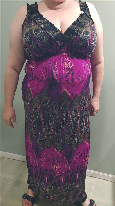 NWT V-Neck Sleeveless Purple & Peacock Print Stretch Maxi Dress Sundress M 09