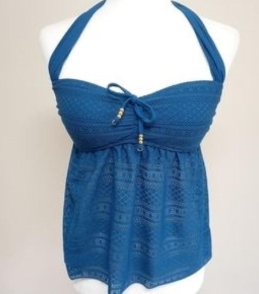 NWOT Into the Bleu 10 Bandeau Halter Top Crochet Lace Tankini Blue #86820