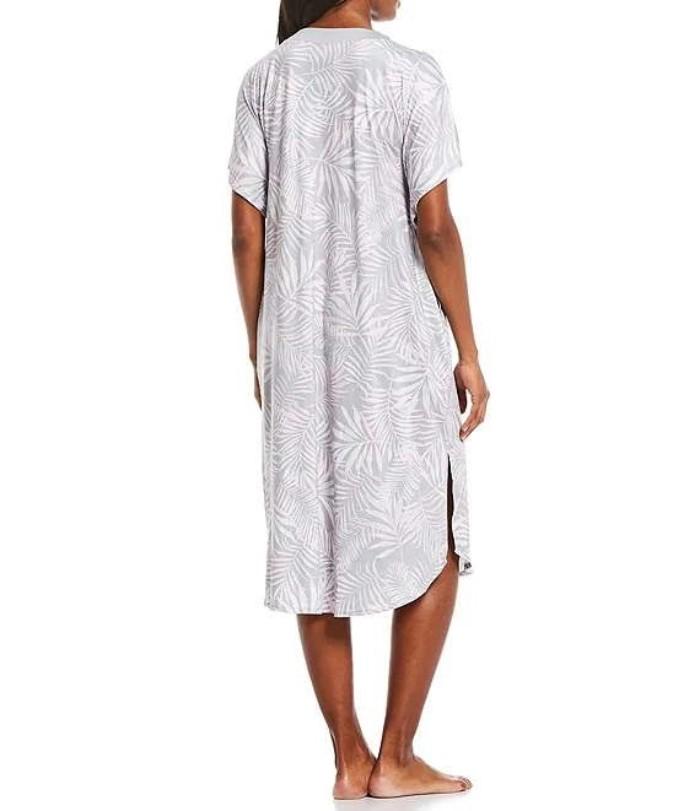 NWt iRelax Printed Recycled-Knit Caftan L/XL Pink Grey Palm Leaves Fronds #83897