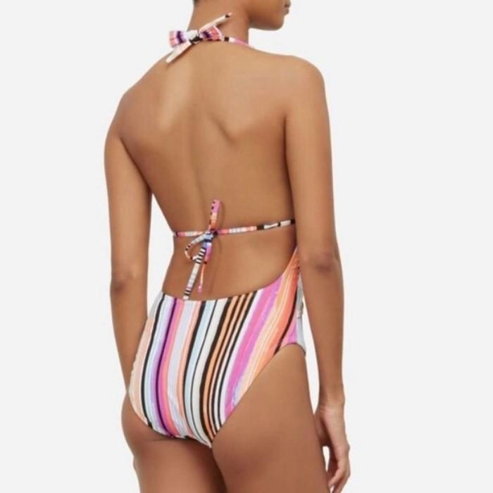 NWT Kenneth Cole Reaction Striped Tie 1PC Swimsuit SM Multi Neon #83775