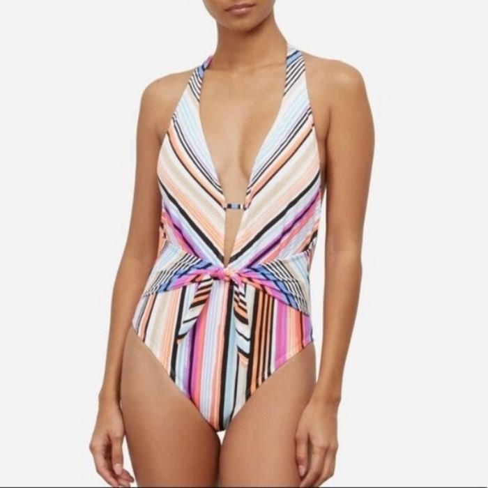 NWT Kenneth Cole Reaction Striped Tie 1PC Swimsuit SM Multi Neon #83775