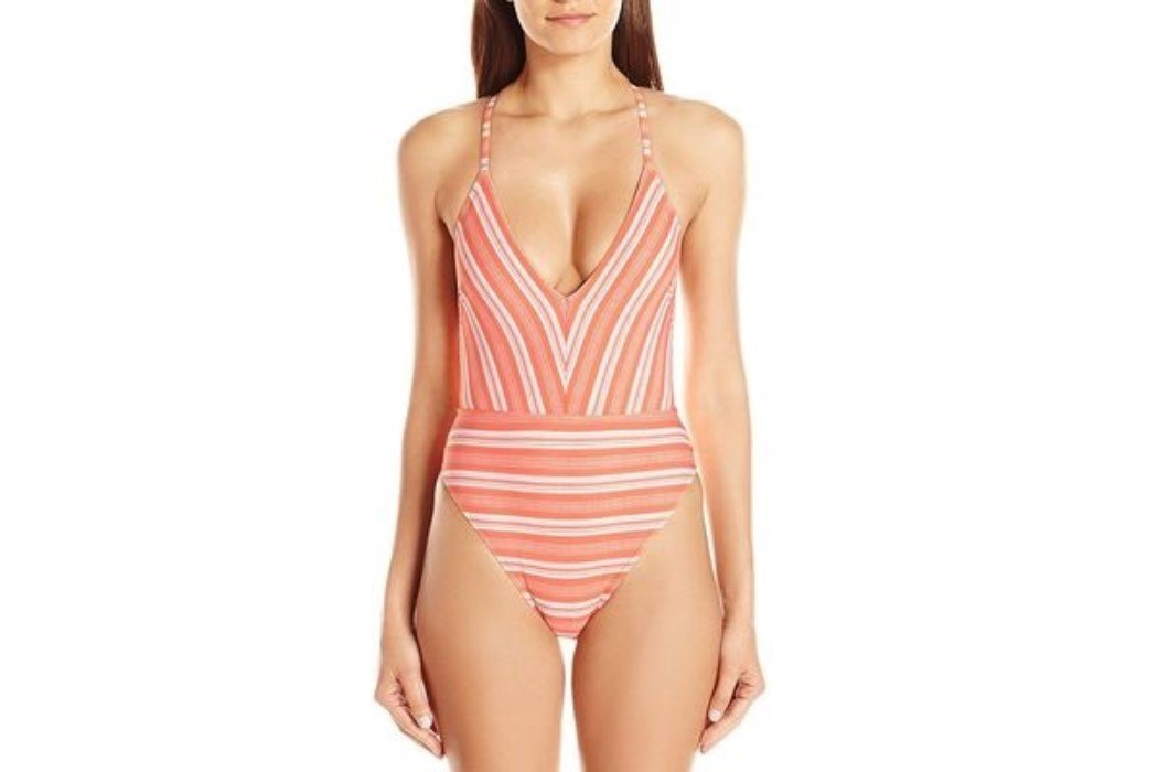 NWT MINKPINK XS Haiti 1PC Coral Stripe Deep V Swimsuit #84449