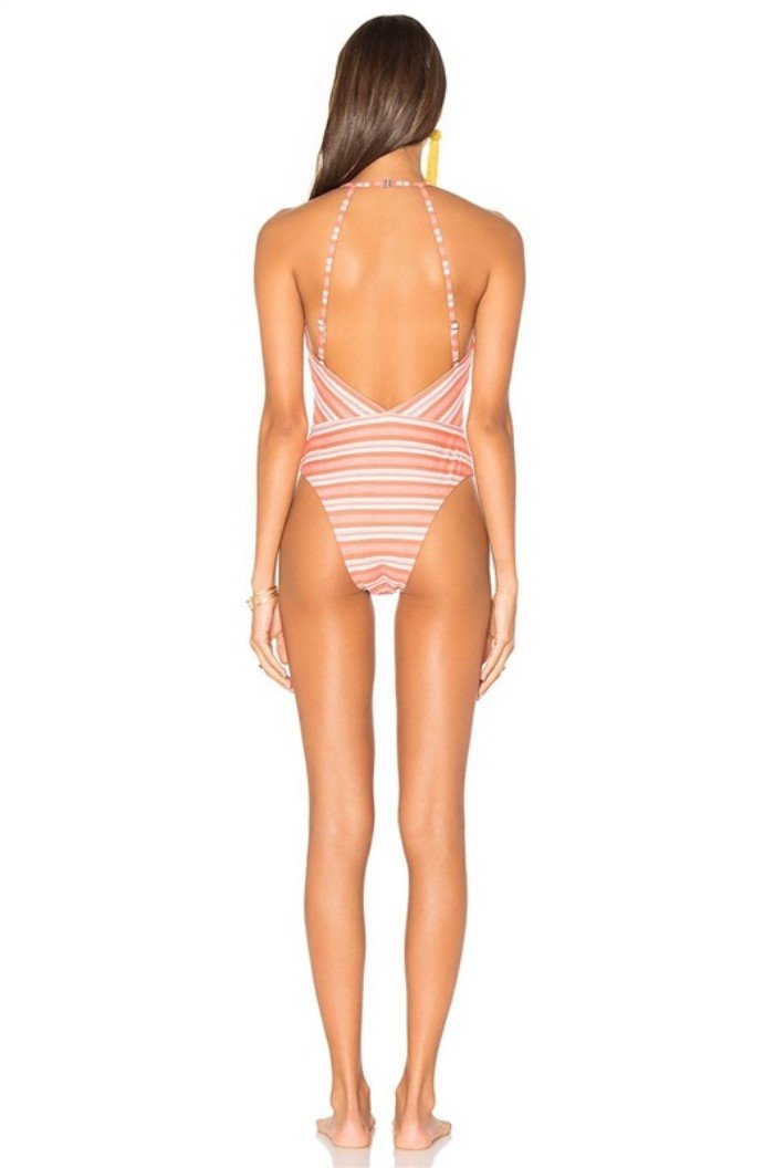 NWT MINKPINK XS Haiti 1PC Coral Stripe Deep V Swimsuit #84449
