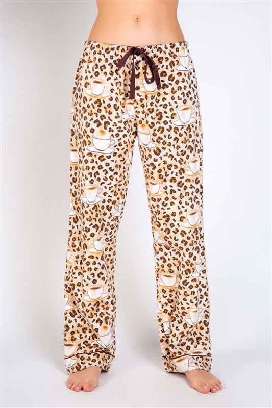 NWT PJ Salvage Cool Beans Cheetah & Coffee Flannel Pajamas Med #87078