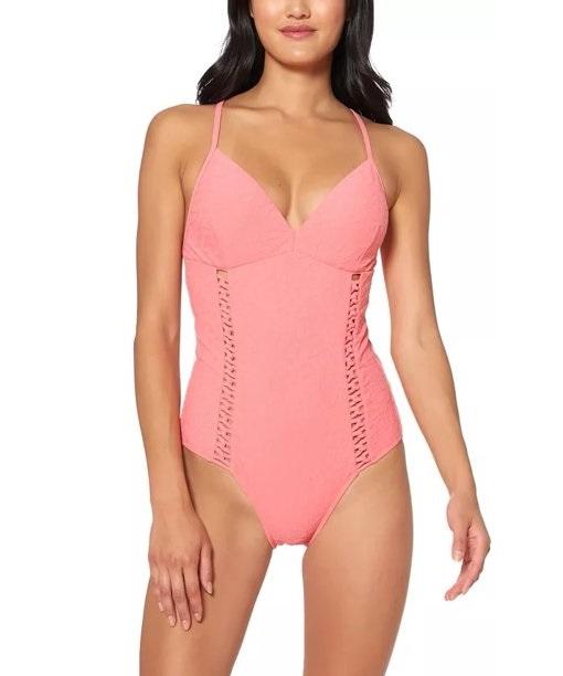 NWT Jessica Simpson Rose Bay S Pink Textured V-Neck One-Piece Swimsuit #100454