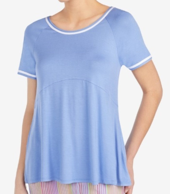 New Layla XL Contrast Trim Jersey Knit Short Sleeve Pajama Top Blue White 102911