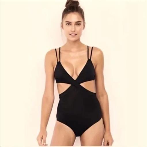 NEW Lands End 6 Wrap One Piece Monokini Cutout Swimsuit Navy Starburst #109810
