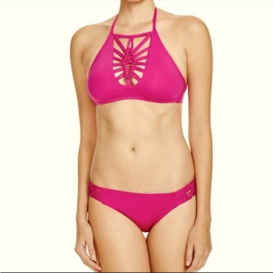 Becca Virtue M Janis Macrame High Neck Fuchsia Pink Bikini Swim Top #110811