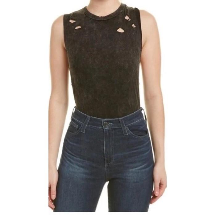 New Honey Punch Anthropologie L Distressed Black Acid Wash Tank Bodysuit #110941