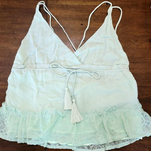 New Honey Punch Anthropologie M Strappy Ruffled Crepe & Lace Cami Mint #111647