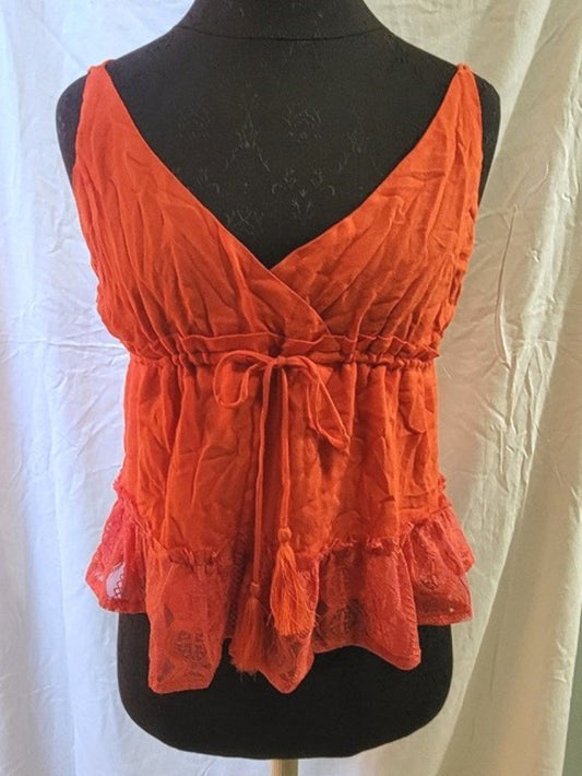New Honey Punch Anthropologie S Strappy Ruffled Crepe & Lace Cami Orange #111648