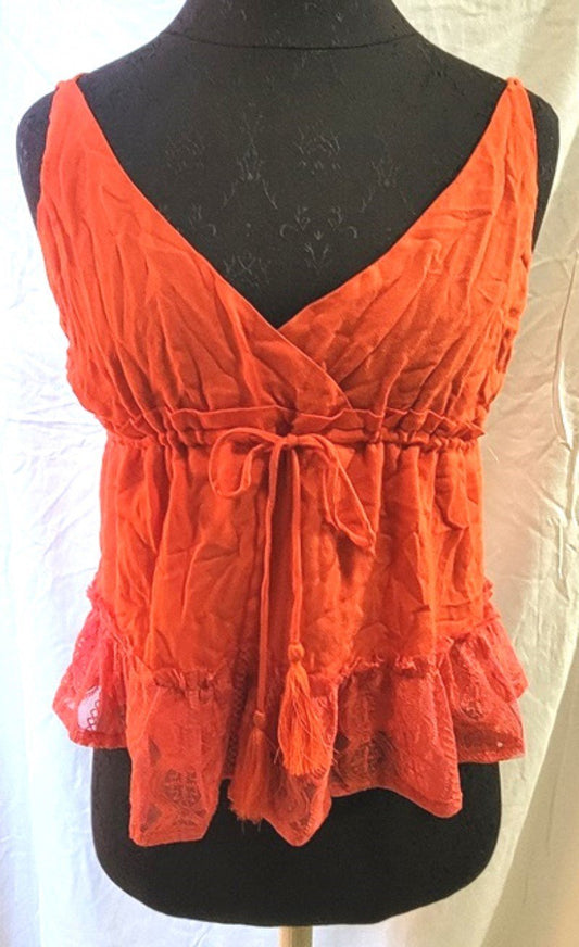 New Honey Punch Anthropologie L Strappy Ruffled Crepe & Lace Cami Orange #111652