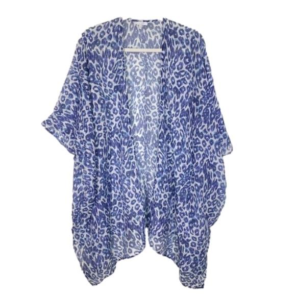 NWT Calme Johnny Was L/XL Blue Tiger Short Kimono Silk Cover Up 114422