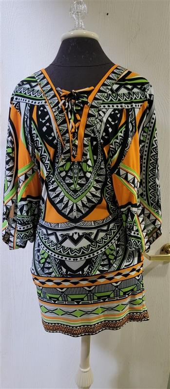 NWOT Hale Bob S Jersey Dress Lace Up V Neck Orange Green 114757