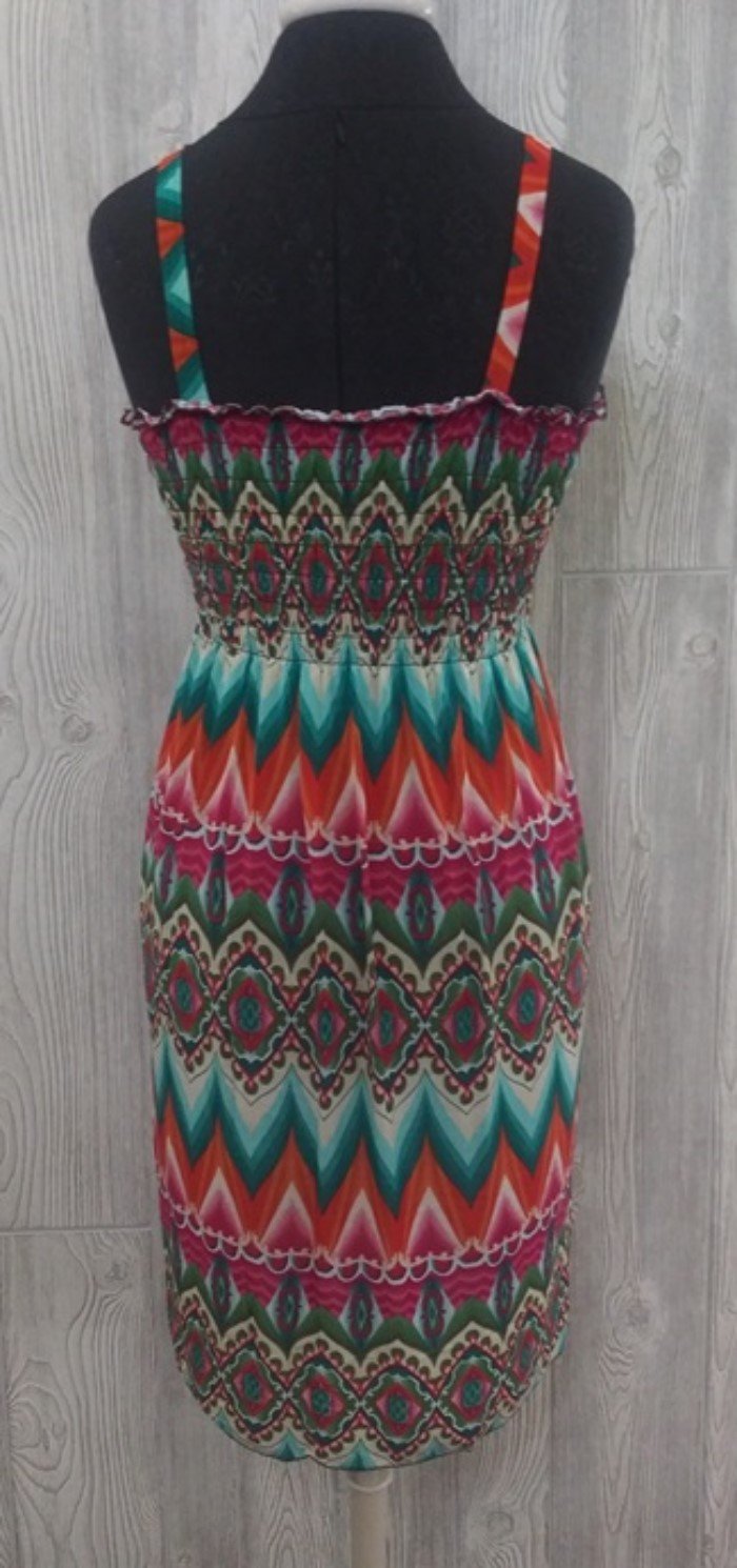 NWT Ikat Style Diamond Print Aqua Pink Orange Stretch Sundress Midi Dress XL 05