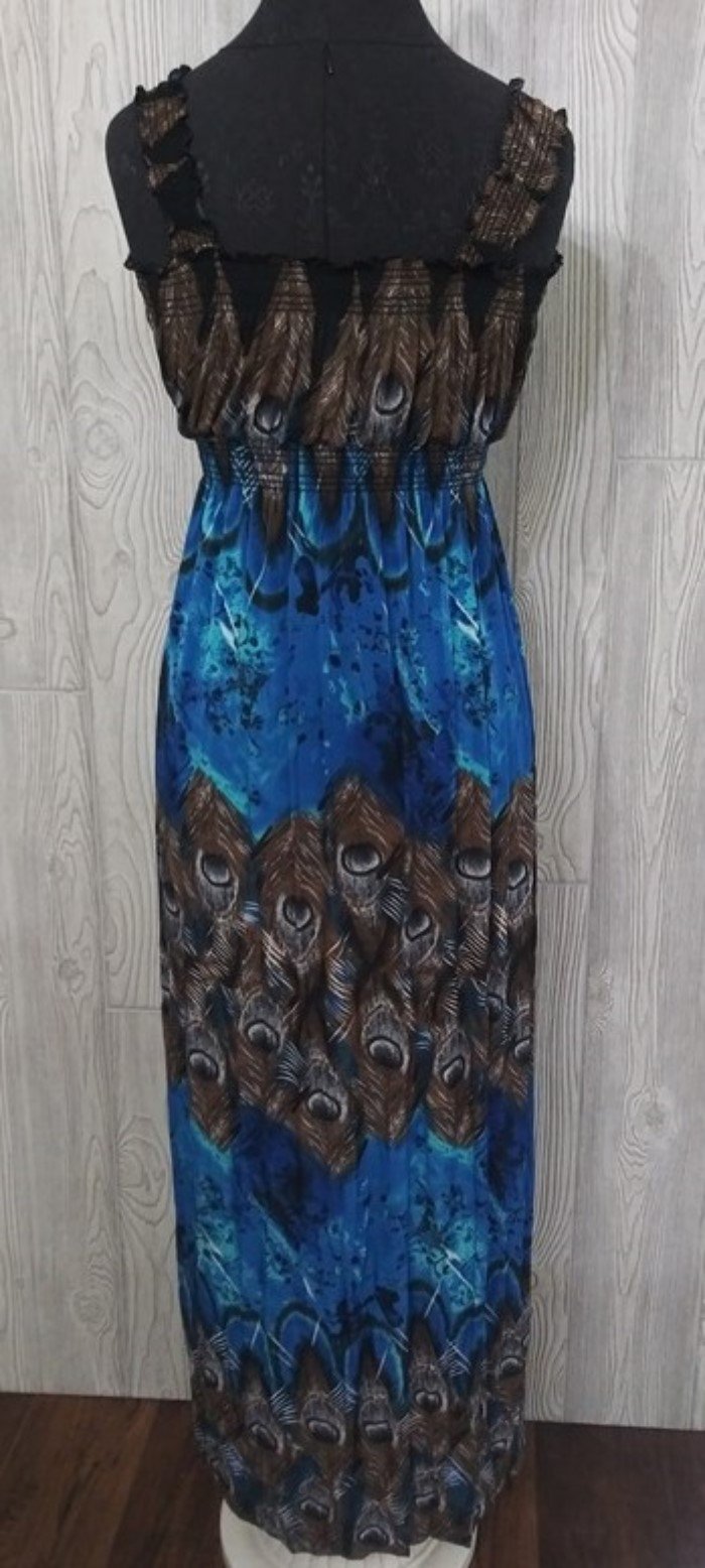 NWT V-Neck Sleeveless Blue & Peacock Print Stretch Maxi Dress Sundress M #16