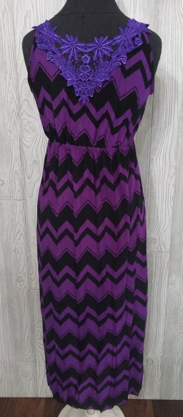NWT V-Neck Lace Back Chevron Stretch Sundress Maxi Dress XXL Purple & Black #12