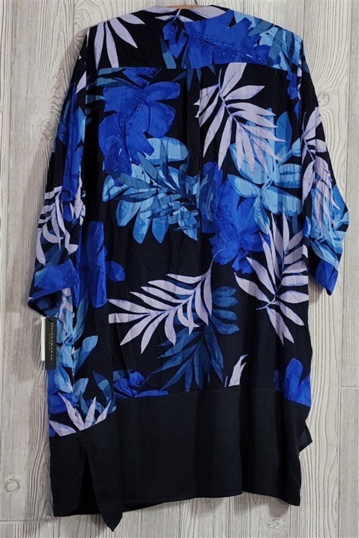 New Donna Karan 3X Blue Leaf Print Woven Button Down Short Sleepshirt #83983