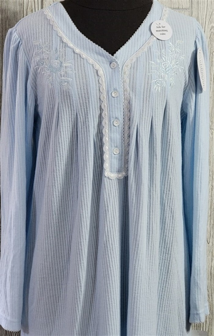 NWT Miss Elaine SM Ribbed Brushed Cuddleknit 511840 Long Nightgown Blue #86009