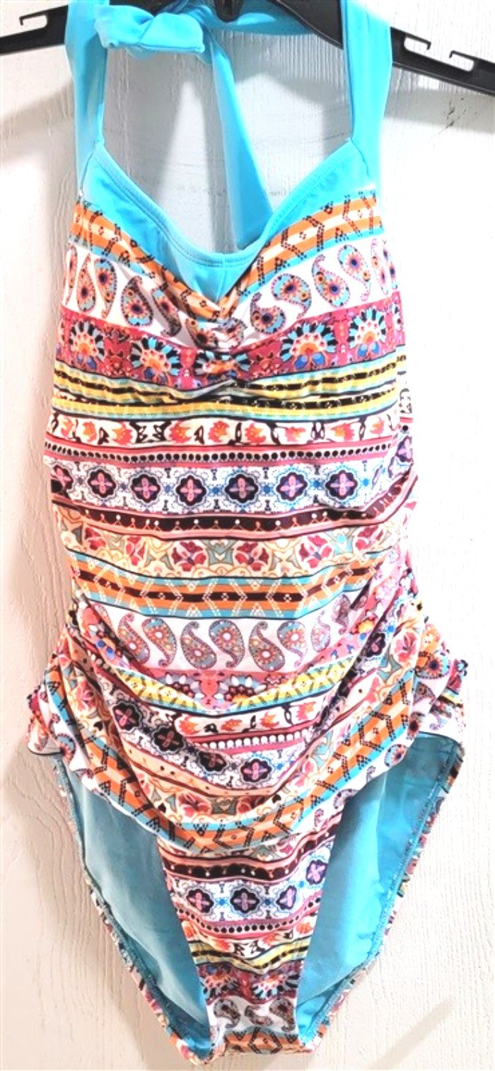 New Into the Bleu 8 Halter Top One Piece Swimsuit Aqua & Orange Paisley #86824