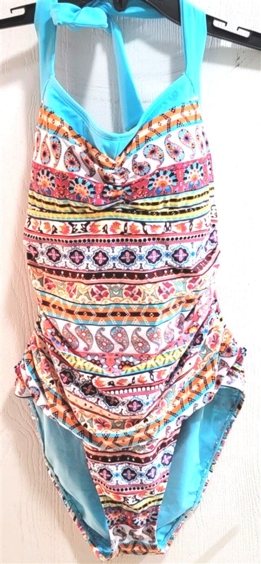 New Into the Bleu 8 Halter Top One Piece Swimsuit Aqua & Orange Paisley #86824