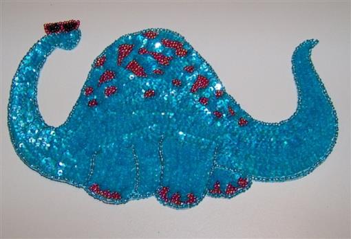 New Large Brontosaurus in Sunglasses Blue Dinosaur Sequin Bead Applique Patch