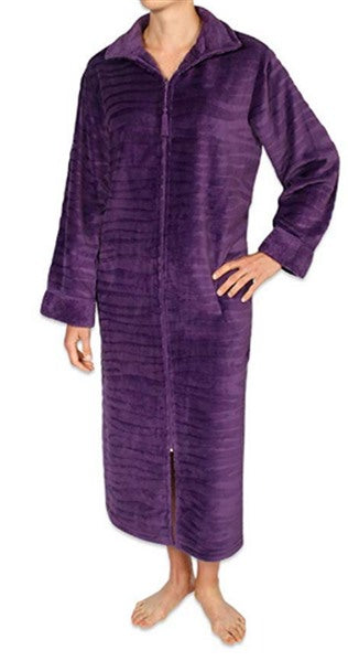 NEW Miss Elaine Jacquard Minky Fleece Long Zipper Robe Purple Plum Sz SM #68786
