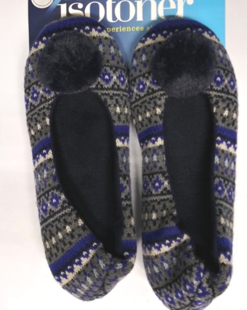 NEW Isotoner Blue Gray Fair Isle Sweater Ballet Slippers w/ Pom Pom MD #76329