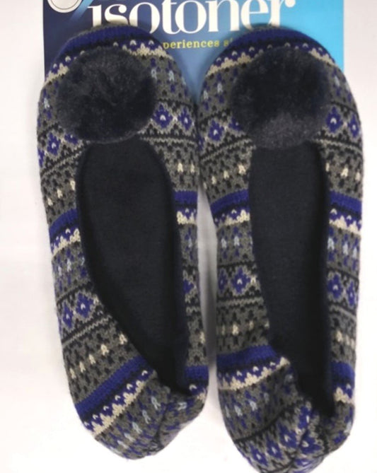 NEW Isotoner Blue Gray Fair Isle Sweater Ballet Slippers w/ Pom Pom MD #76329