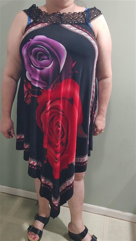 NWT Greek Key Red & Purple Roses Black Handkerchief Sundress Midi Dress L 03