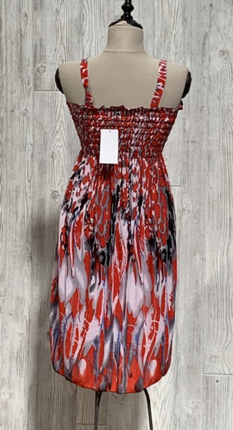 NWT Red Black Gray Mottled Batik Print Stretch Midi Dress Sundress L #12