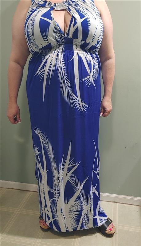 NWT Hawaiian Palms Backless Keyhole Front Sundress Maxi Dress Blue White L #14