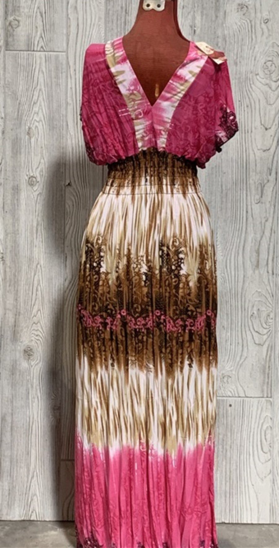 NWT Tahitian Lace Sunset Print V-Neck Stretch Maxi Dress Sundress L Pink #19